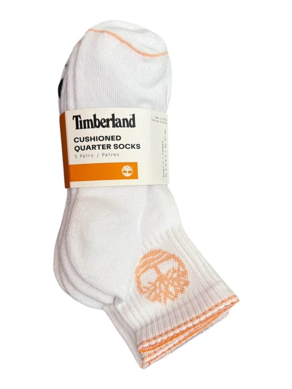 Share Timberland Womens Cushioned Quarter Socks 5 Pairs White Orange Logo